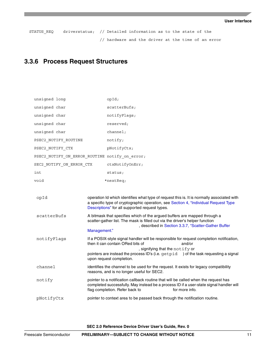 6 process request structures, Section 3.3.6, Process request structures | Freescale Semiconductor SEC2SWUG User Manual | Page 11 / 44