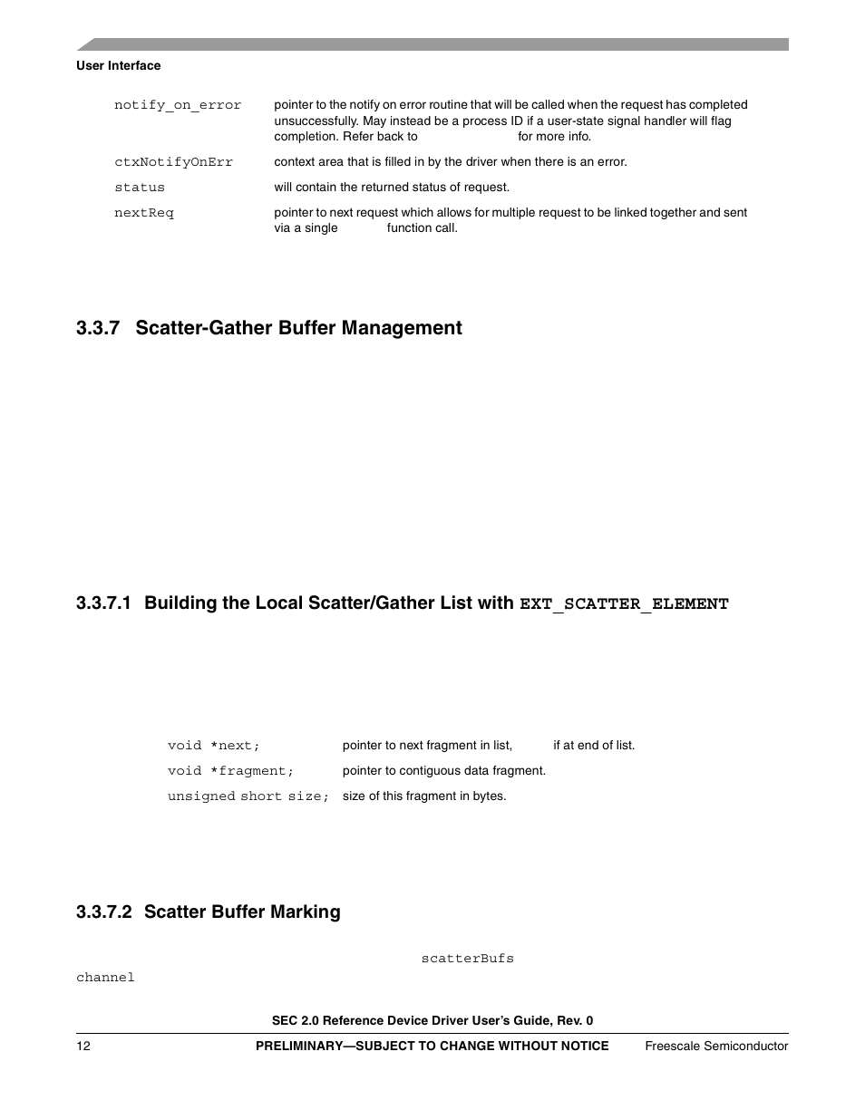 7 scatter-gather buffer management, 2 scatter buffer marking, Section 3.3.7, “scatter-gather buffer | Management | Freescale Semiconductor SEC2SWUG User Manual | Page 12 / 44