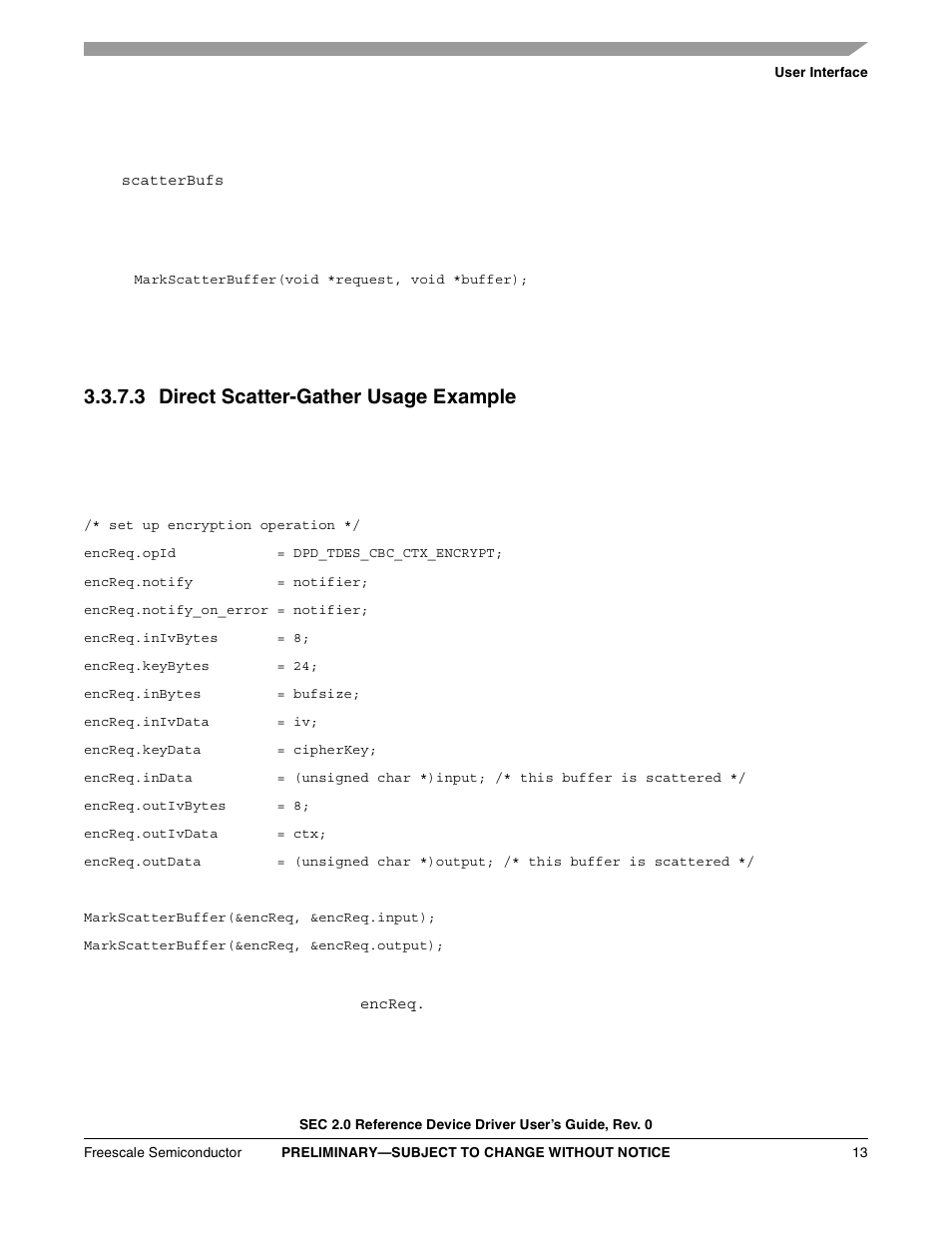 3 direct scatter-gather usage example | Freescale Semiconductor SEC2SWUG User Manual | Page 13 / 44