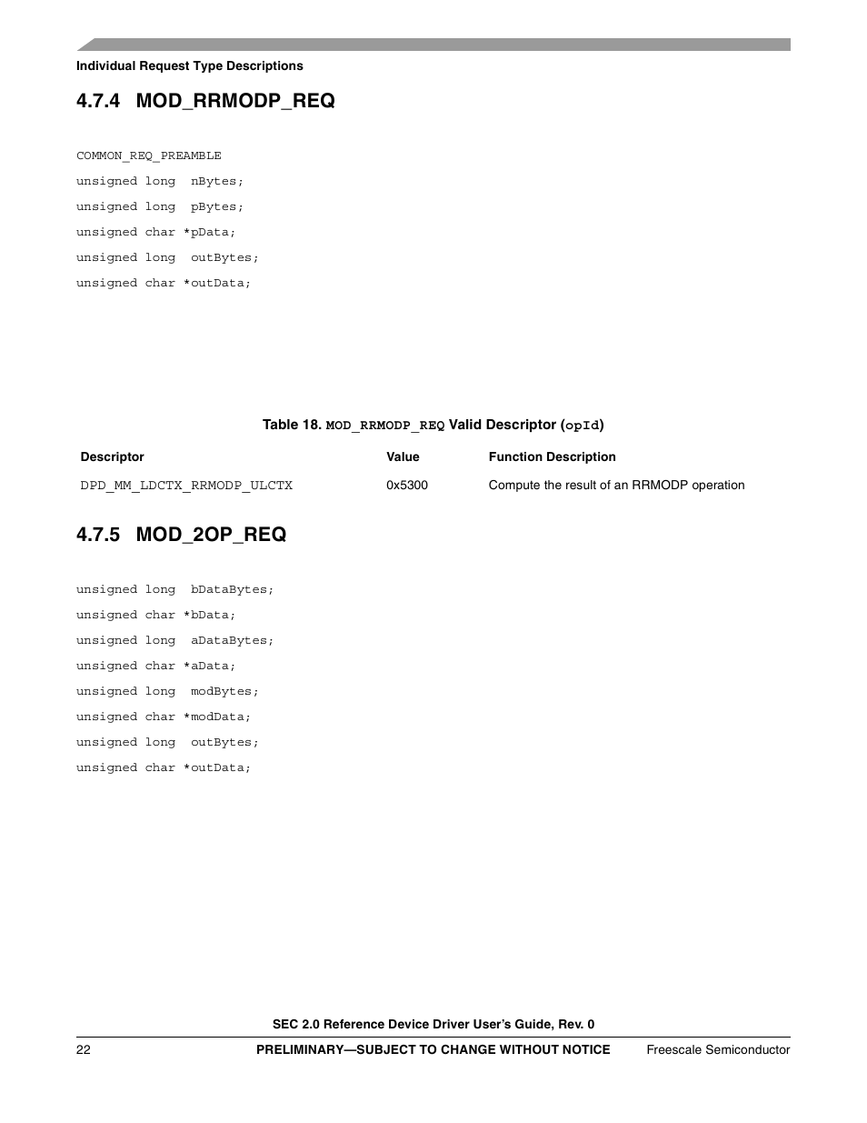 4 mod_rrmodp_req, Table 18. mod_rrmodp_req valid descriptor (opid), 5 mod_2op_req | Freescale Semiconductor SEC2SWUG User Manual | Page 22 / 44