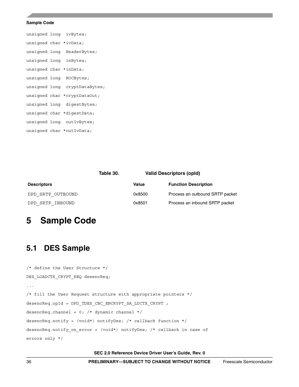 Table 30. srtp_req valid descriptors (opid), 5 sample code, 1 des sample | Sample code, 5sample code | Freescale Semiconductor SEC2SWUG User Manual | Page 36 / 44