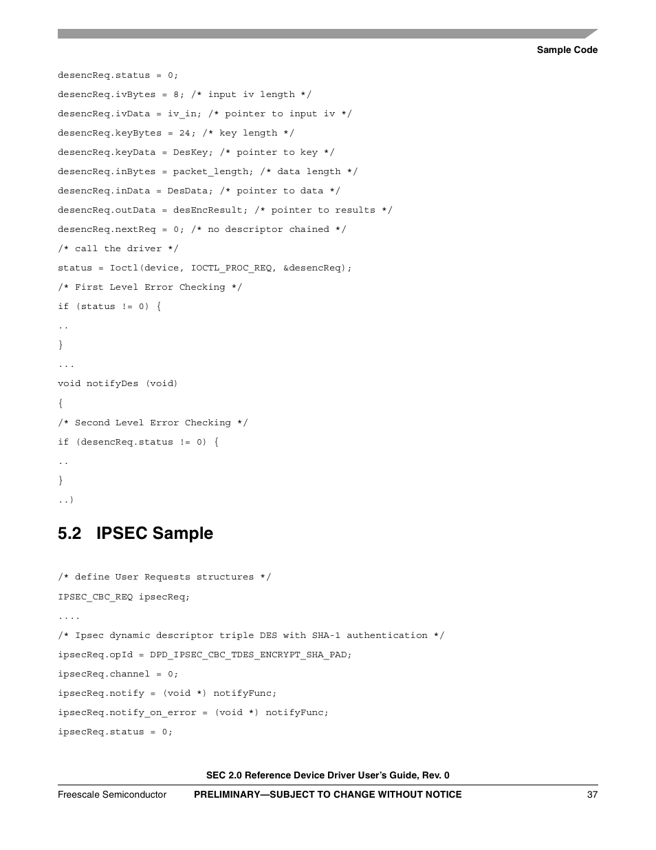 2 ipsec sample | Freescale Semiconductor SEC2SWUG User Manual | Page 37 / 44