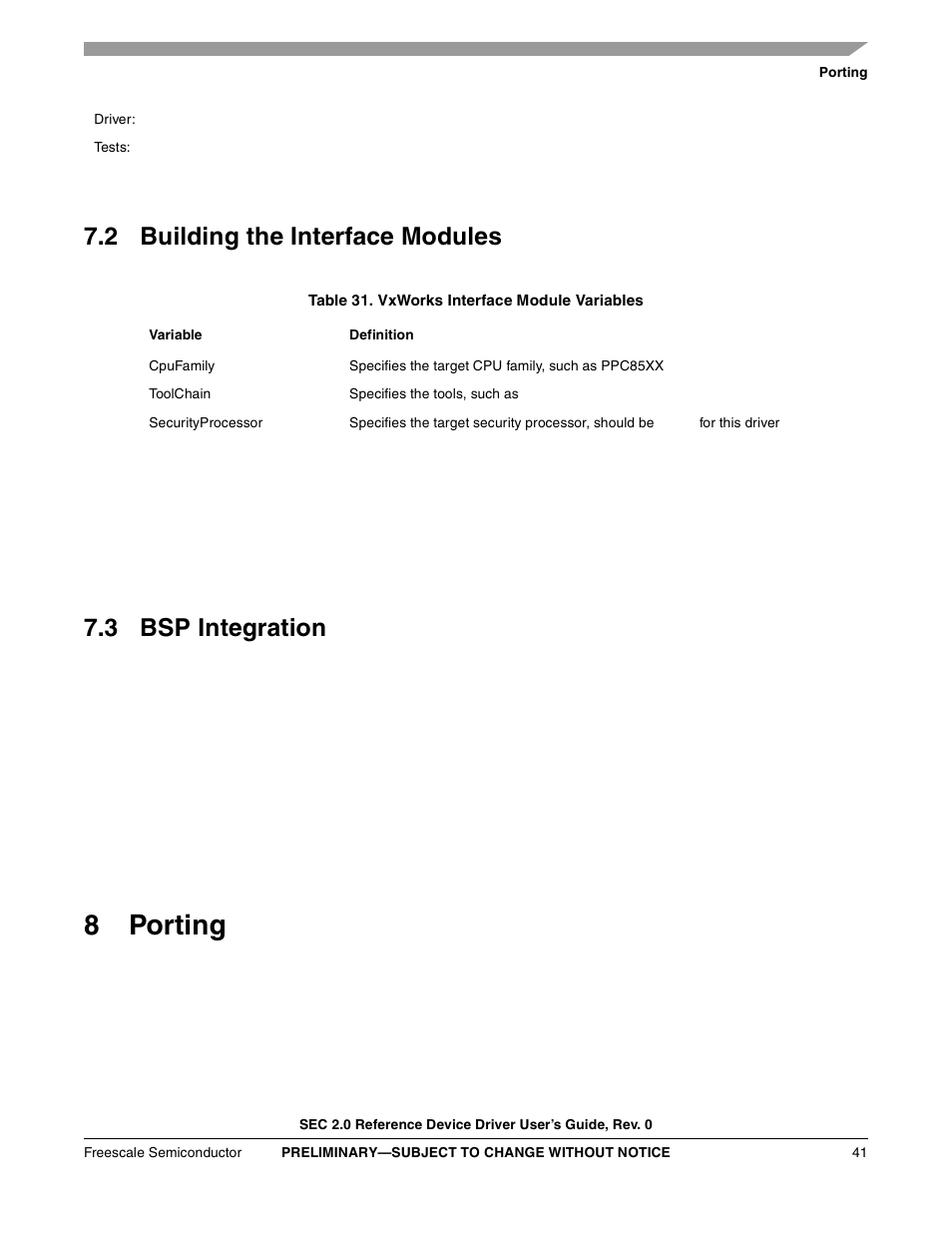 2 building the interface modules, Table 31. vxworks interface module variables, 3 bsp integration | 8 porting, Section 8, “porting, Porting, 8porting | Freescale Semiconductor SEC2SWUG User Manual | Page 41 / 44