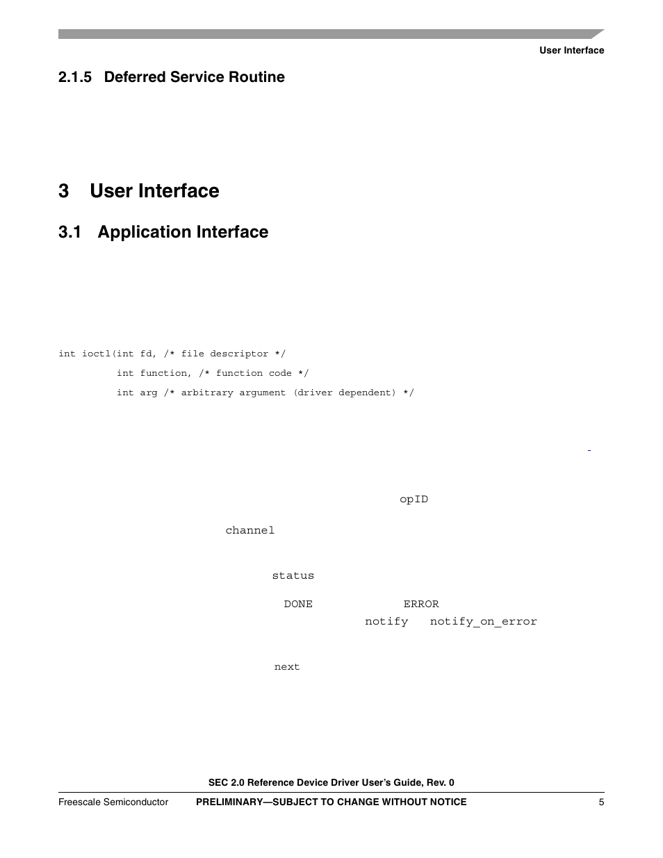 5 deferred service routine, 3 user interface, 1 application interface | User interface, 3user interface | Freescale Semiconductor SEC2SWUG User Manual | Page 5 / 44