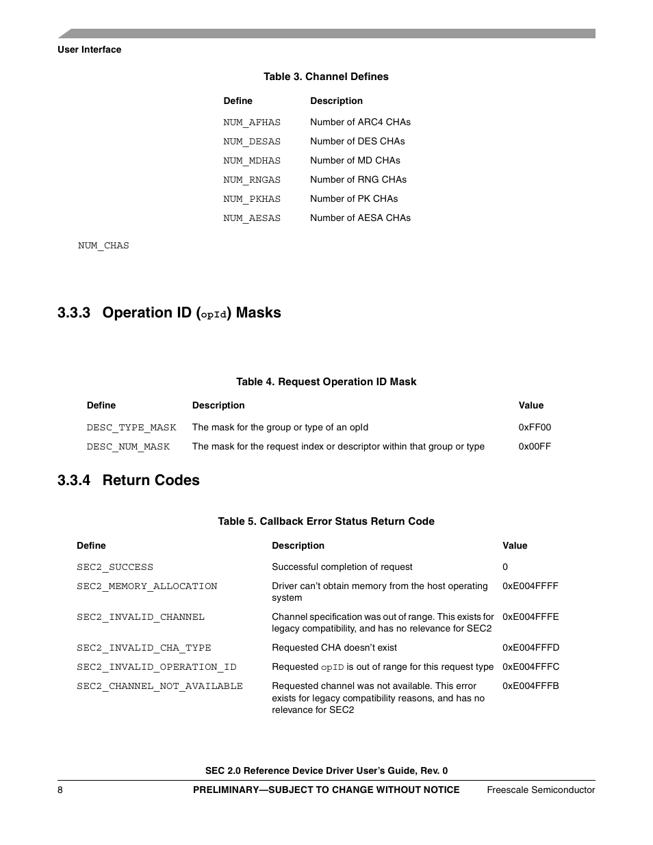 Table 3. channel defines, 3 operation id (opid) masks, Table 4. request operation id mask | 4 return codes, Table 5. callback error status return code, 3 operation id, Masks | Freescale Semiconductor SEC2SWUG User Manual | Page 8 / 44