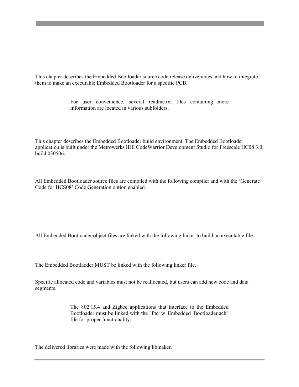 Port integration reference guide, Embedded bootloader build environment, Hcs08 compiler | Hcs08 linker, Hcs08 libmaker, Chapter 6 port integration reference guide -1, Embedded bootloader build environment -1, Hcs08 compiler -1, Hcs08 linker -1, Hcs08 libmaker -1 | Freescale Semiconductor 802.15.4 User Manual | Page 43 / 66