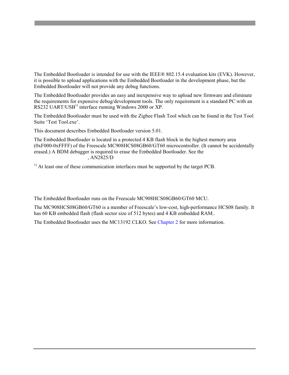 Embedded bootloader description, Target, Chapter 1 embedded bootloader description -1 | Target -1, Chapter 1 embedded bootloader description, 1 target | Freescale Semiconductor 802.15.4 User Manual | Page 9 / 66