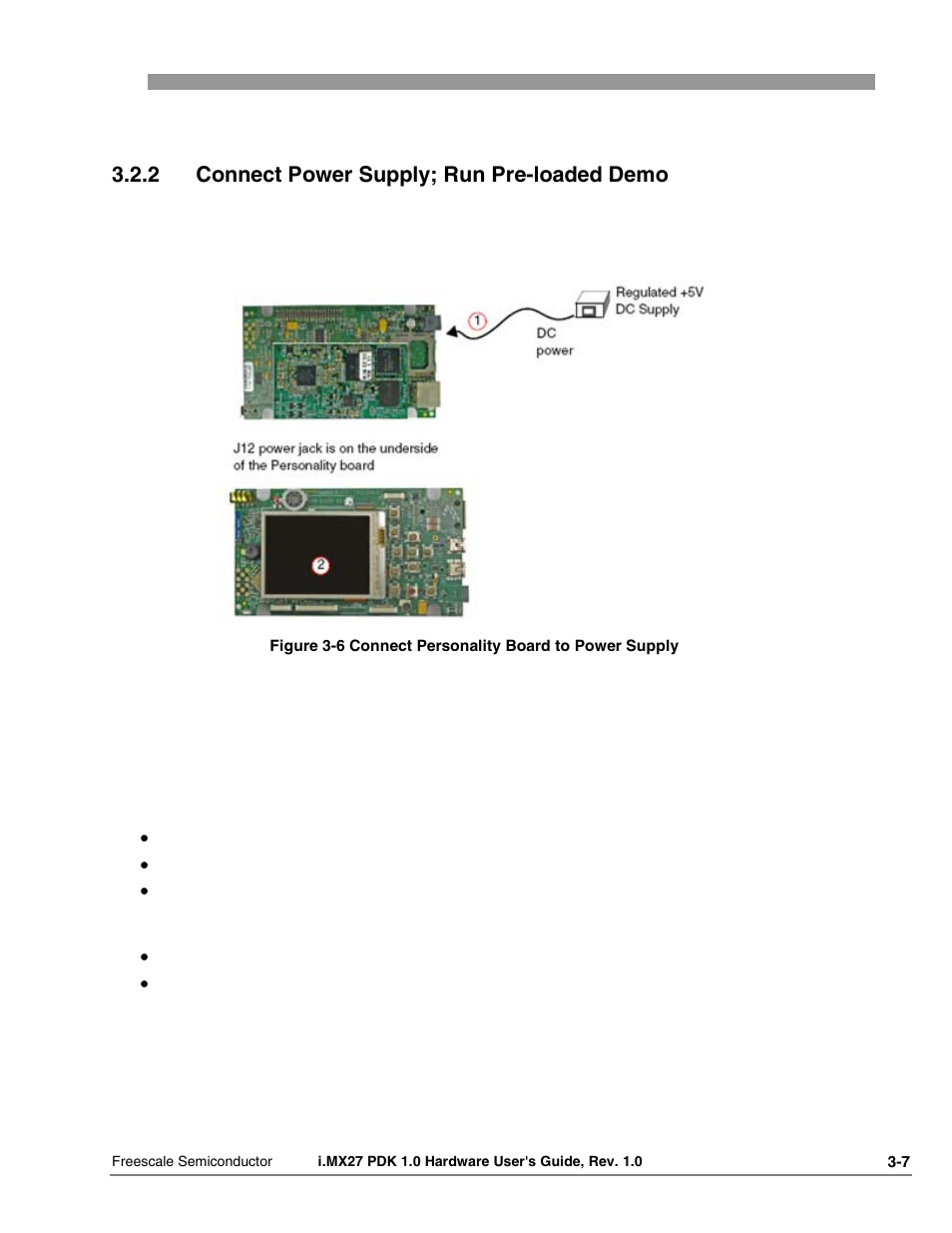 2 connect power supply; run pre-loaded demo | Freescale Semiconductor i.MX27 PDK 1.0 User Manual | Page 25 / 53