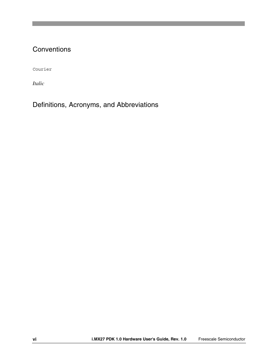 Conventions, Definitions, acronyms, and abbreviations | Freescale Semiconductor i.MX27 PDK 1.0 User Manual | Page 6 / 53