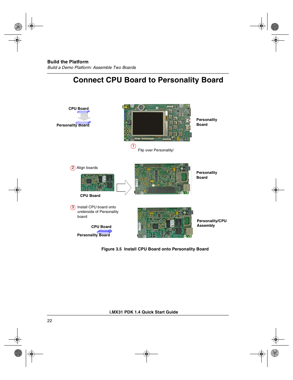 Connect cpu board to personality board | Freescale Semiconductor Windows Embedded CE 6.0/Windows CE 5.0 i.MX31 PDK 1.4 User Manual | Page 24 / 48