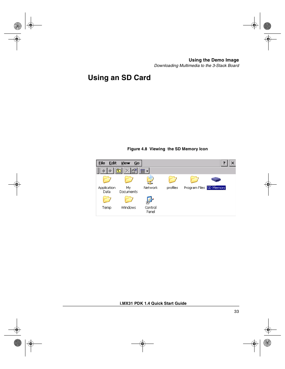 Using an sd card | Freescale Semiconductor Windows Embedded CE 6.0/Windows CE 5.0 i.MX31 PDK 1.4 User Manual | Page 35 / 48
