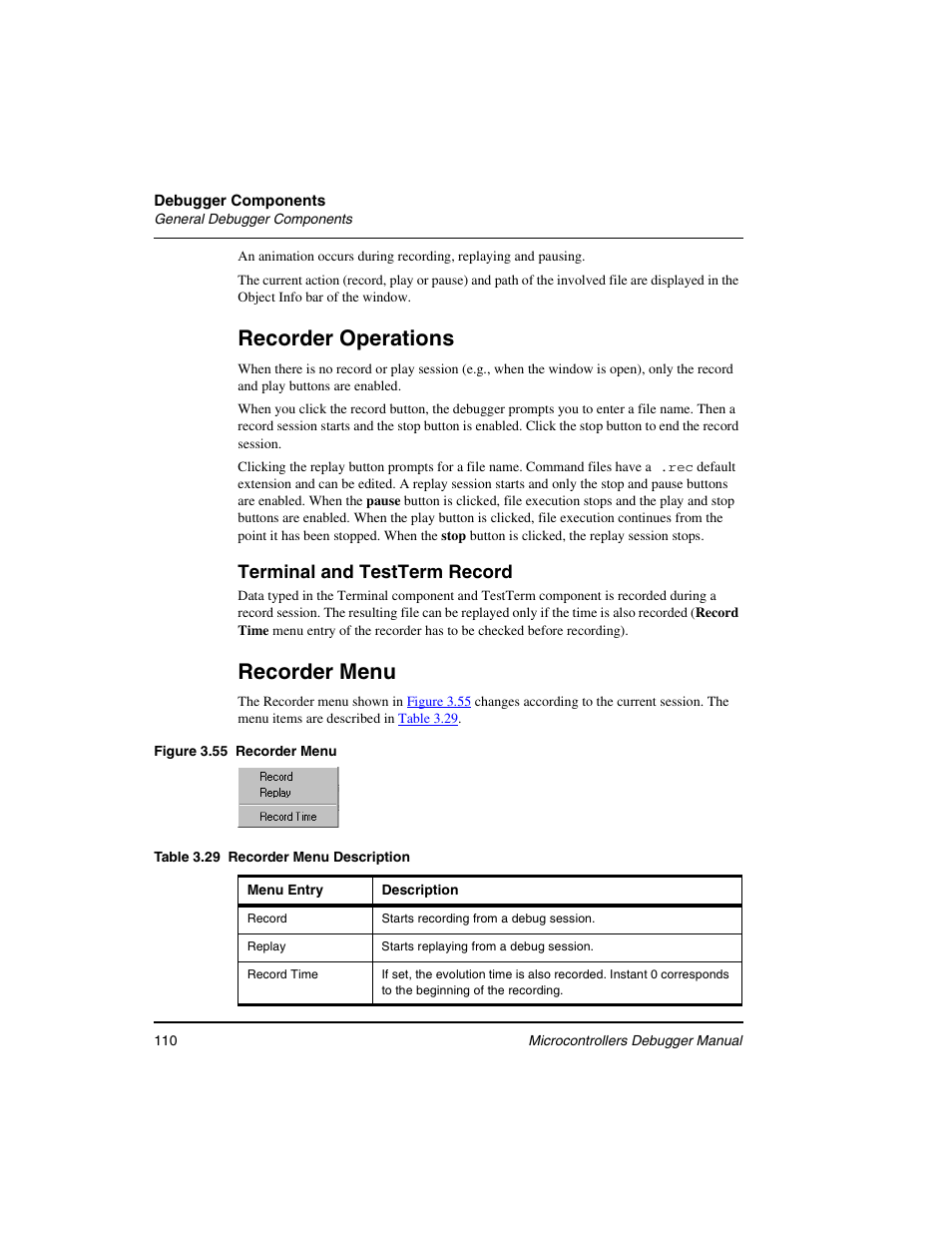 Recorder operations, Recorder menu, Terminal and testterm record | Freescale Semiconductor Microcontrollers User Manual | Page 110 / 892