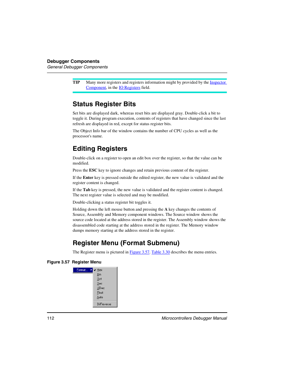 Status register bits, Editing registers, Register menu (format submenu) | Freescale Semiconductor Microcontrollers User Manual | Page 112 / 892