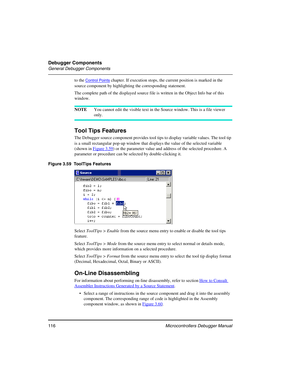 Tool tips features, On-line disassembling | Freescale Semiconductor Microcontrollers User Manual | Page 116 / 892