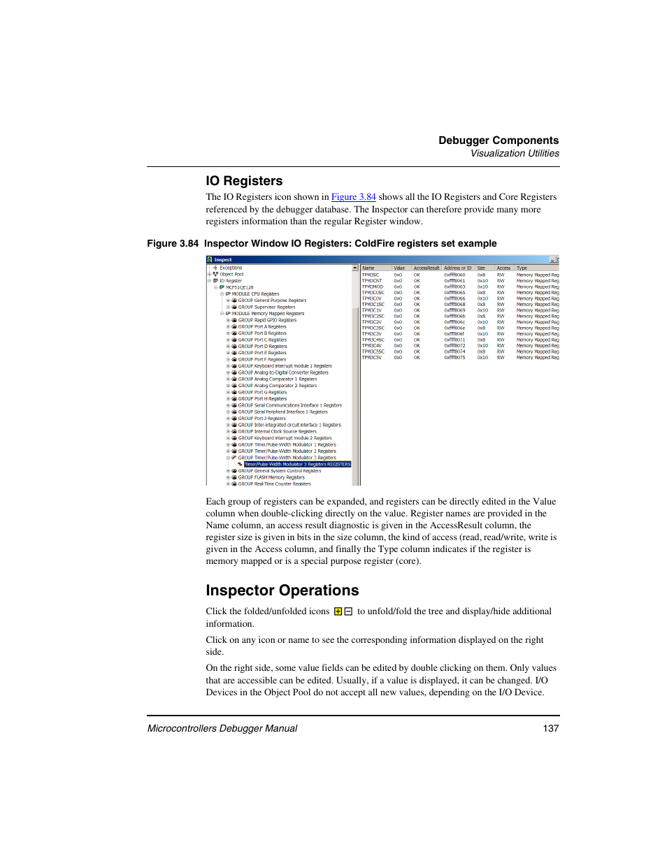 Io registers, Inspector operations | Freescale Semiconductor Microcontrollers User Manual | Page 137 / 892
