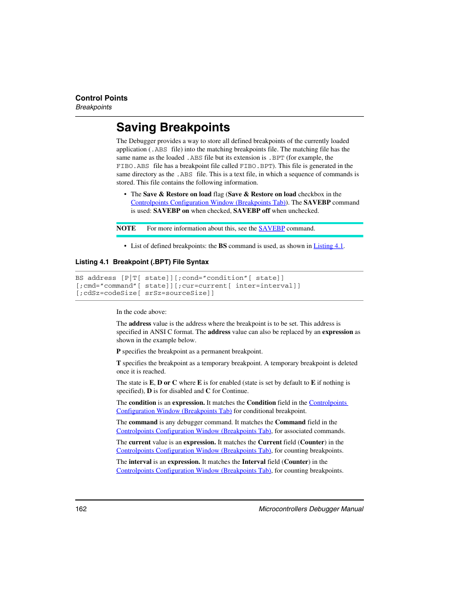 Saving breakpoints | Freescale Semiconductor Microcontrollers User Manual | Page 162 / 892