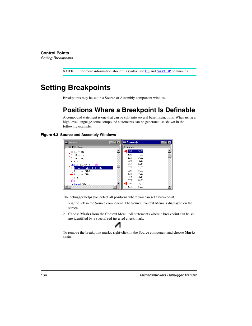 Setting breakpoints, Positions where a breakpoint is definable | Freescale Semiconductor Microcontrollers User Manual | Page 164 / 892