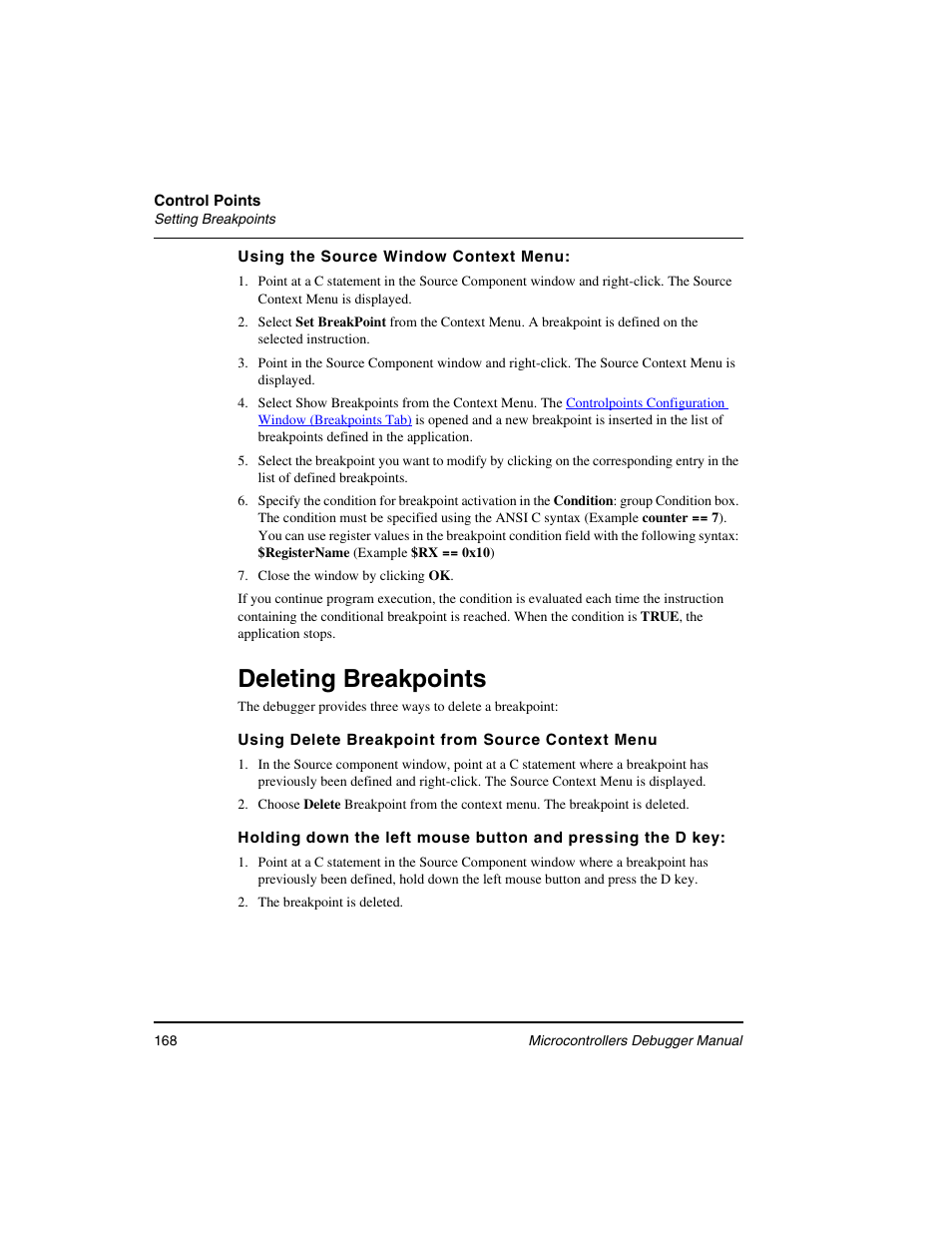 Deleting breakpoints | Freescale Semiconductor Microcontrollers User Manual | Page 168 / 892