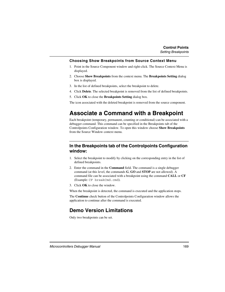 Associate a command with a breakpoint, Demo version limitations | Freescale Semiconductor Microcontrollers User Manual | Page 169 / 892