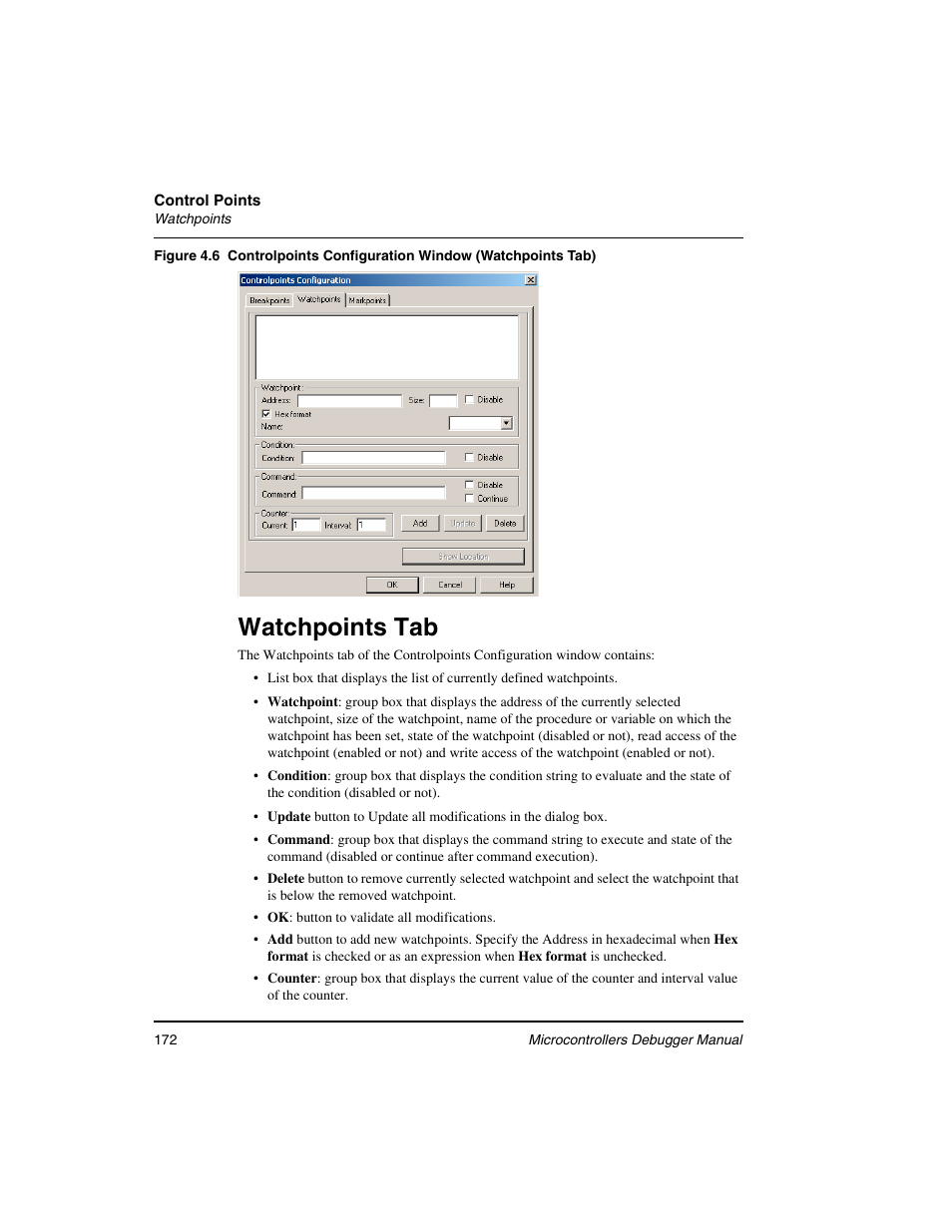 Watchpoints tab, Controlpoints configuration window, Watchpoints tab) | Figure 4.6 | Freescale Semiconductor Microcontrollers User Manual | Page 172 / 892