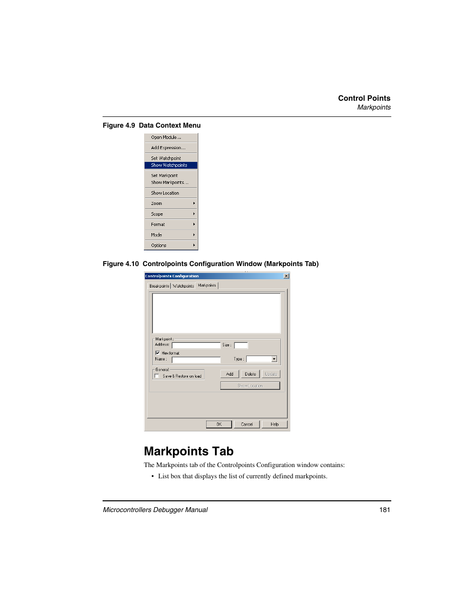 Markpoints tab, Controlpoints configuration, Window (markpoints tab) | Freescale Semiconductor Microcontrollers User Manual | Page 181 / 892
