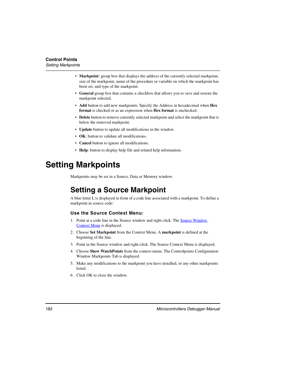 Setting markpoints, Setting a source markpoint | Freescale Semiconductor Microcontrollers User Manual | Page 182 / 892