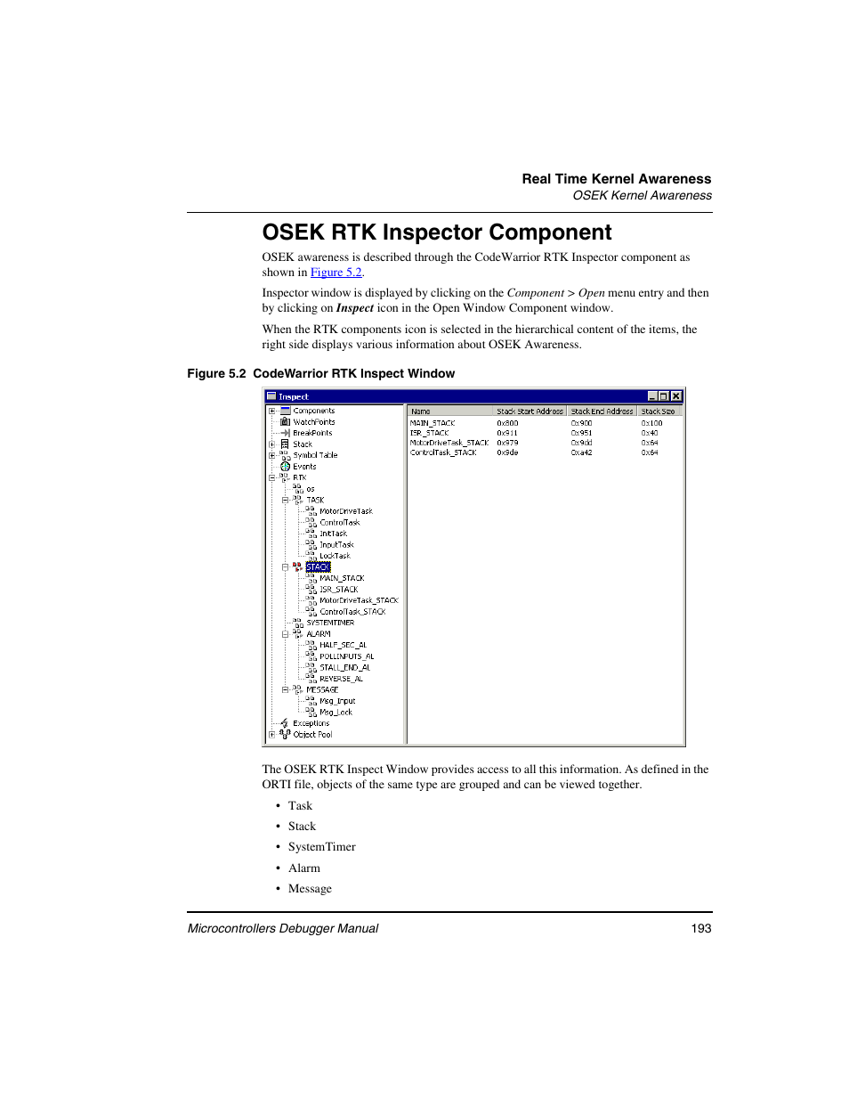 Osek rtk inspector component | Freescale Semiconductor Microcontrollers User Manual | Page 193 / 892