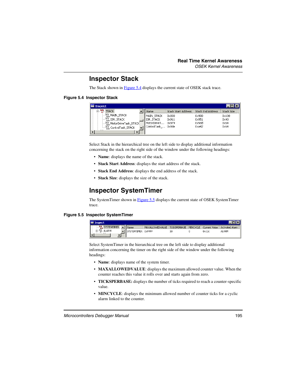 Inspector stack, Inspector systemtimer | Freescale Semiconductor Microcontrollers User Manual | Page 195 / 892