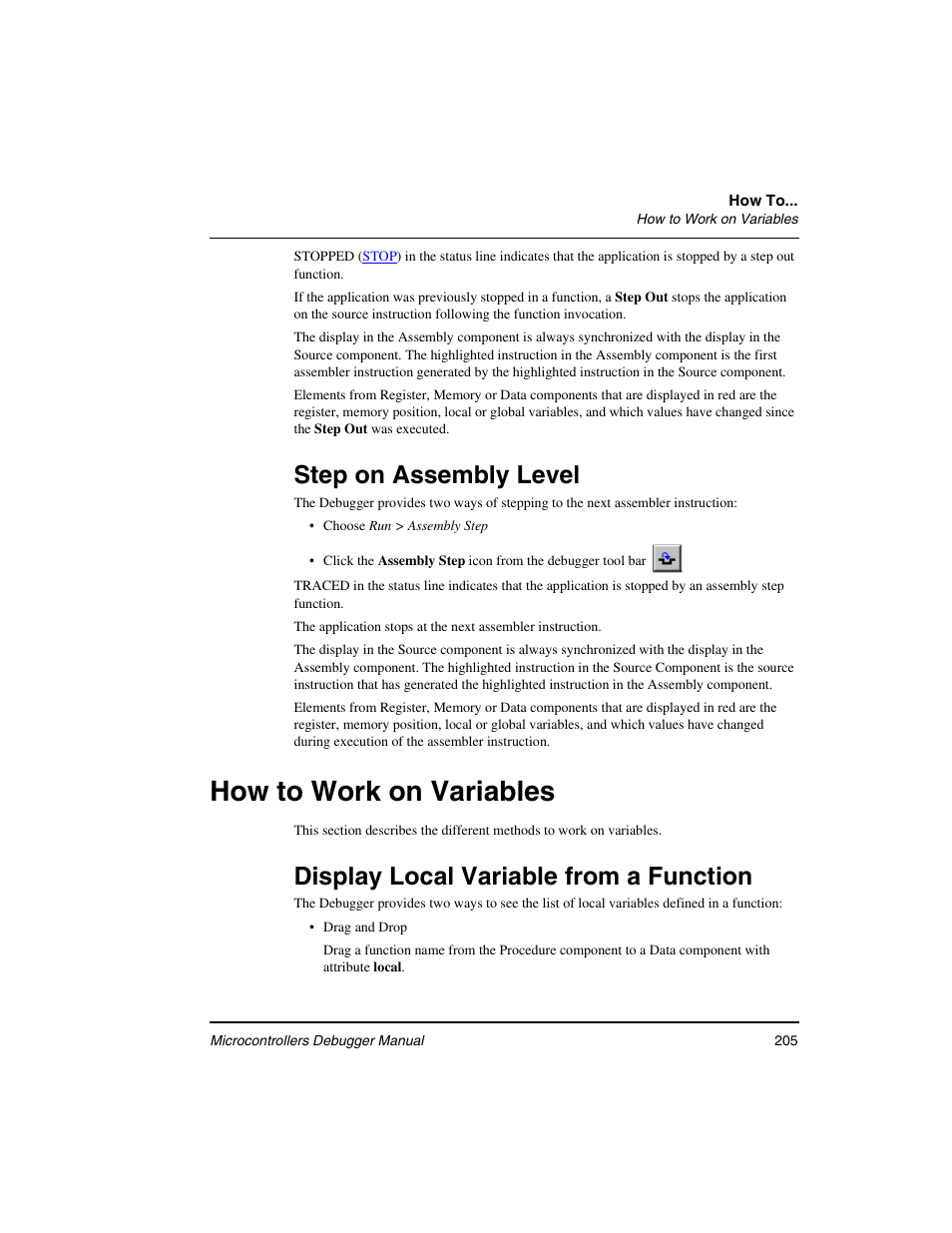 Step on assembly level, How to work on variables, Display local variable from a function | Freescale Semiconductor Microcontrollers User Manual | Page 205 / 892