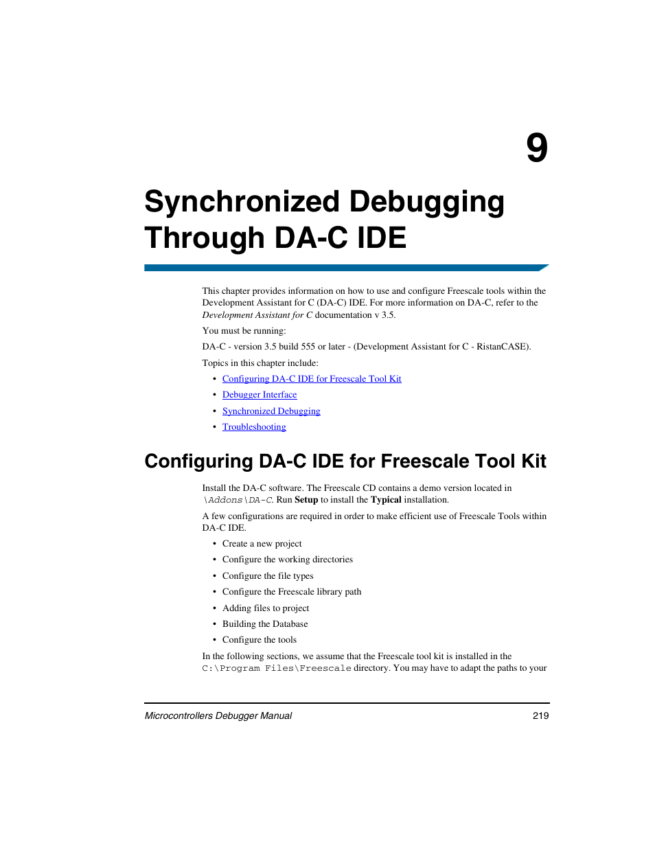 Synchronized debugging through da-c ide, Configuring da-c ide for freescale tool kit | Freescale Semiconductor Microcontrollers User Manual | Page 219 / 892