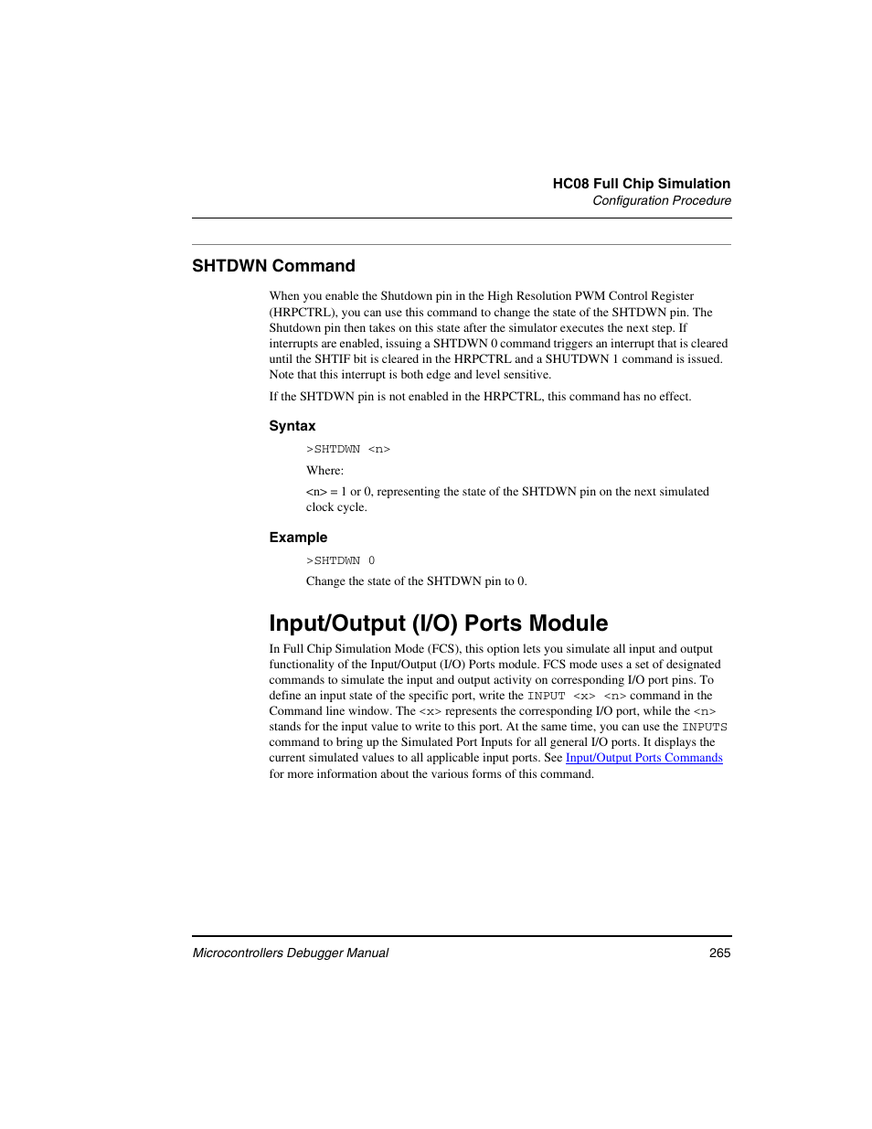 Shtdwn command, Input/output (i/o) ports module | Freescale Semiconductor Microcontrollers User Manual | Page 265 / 892
