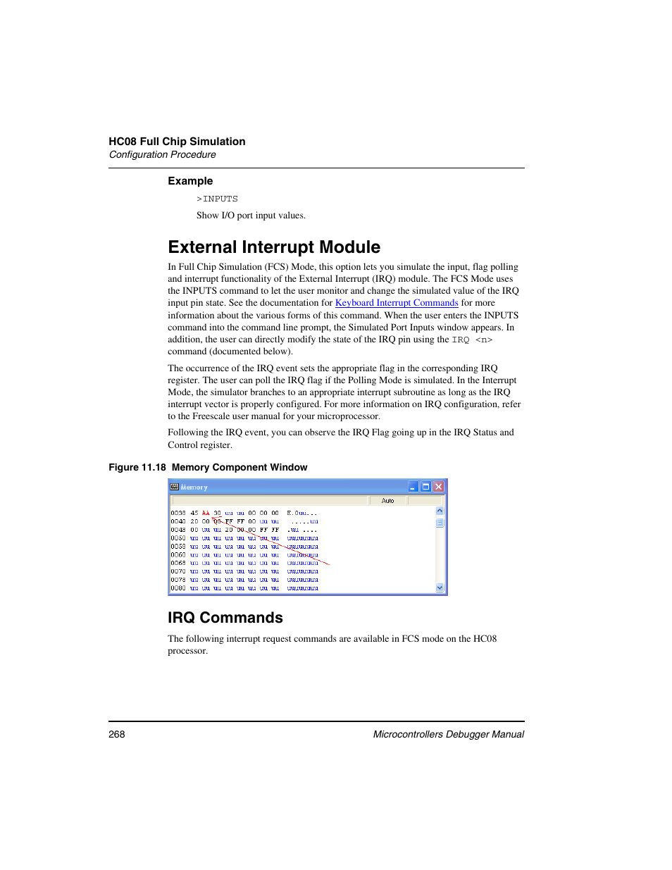 External interrupt module, Irq commands | Freescale Semiconductor Microcontrollers User Manual | Page 268 / 892