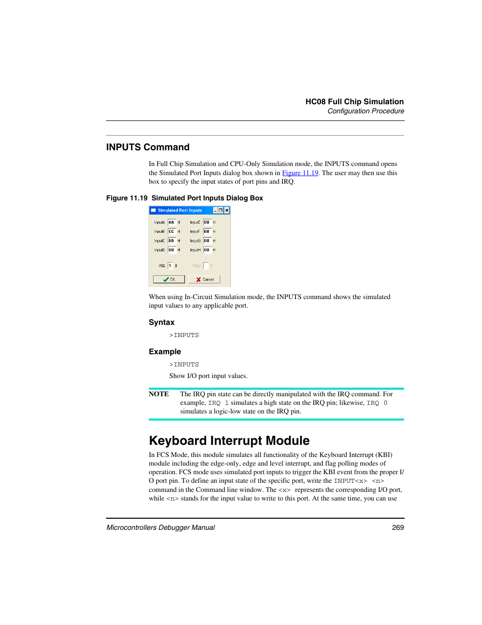 Inputs command, Keyboard interrupt module | Freescale Semiconductor Microcontrollers User Manual | Page 269 / 892