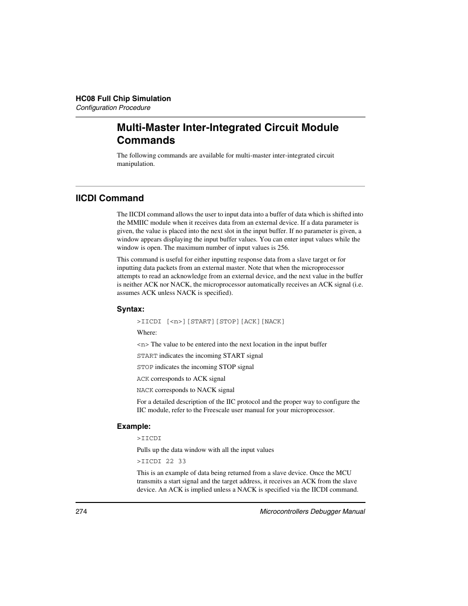 Iicdi command | Freescale Semiconductor Microcontrollers User Manual | Page 274 / 892