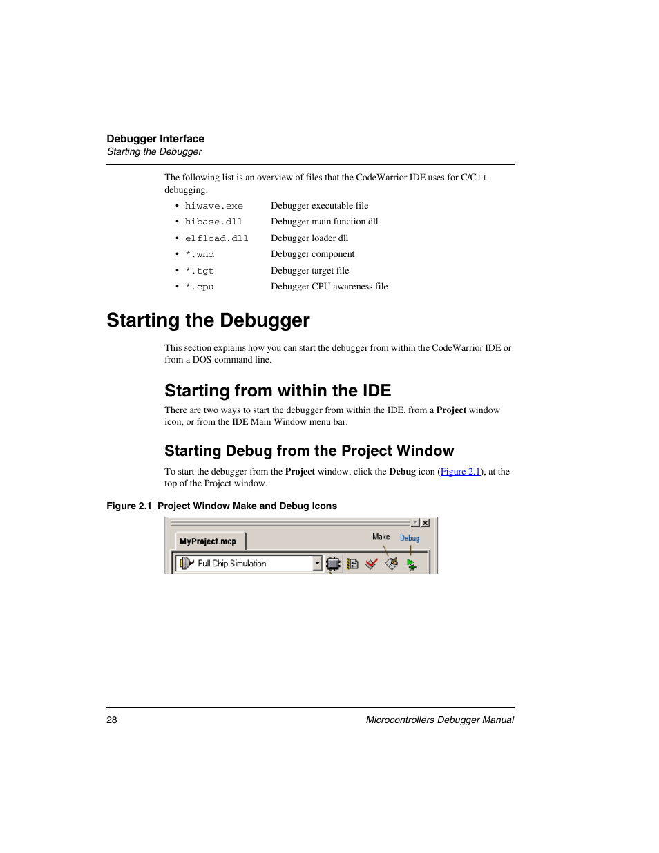 Starting the debugger, Starting from within the ide, Starting debug from the project window | Freescale Semiconductor Microcontrollers User Manual | Page 28 / 892