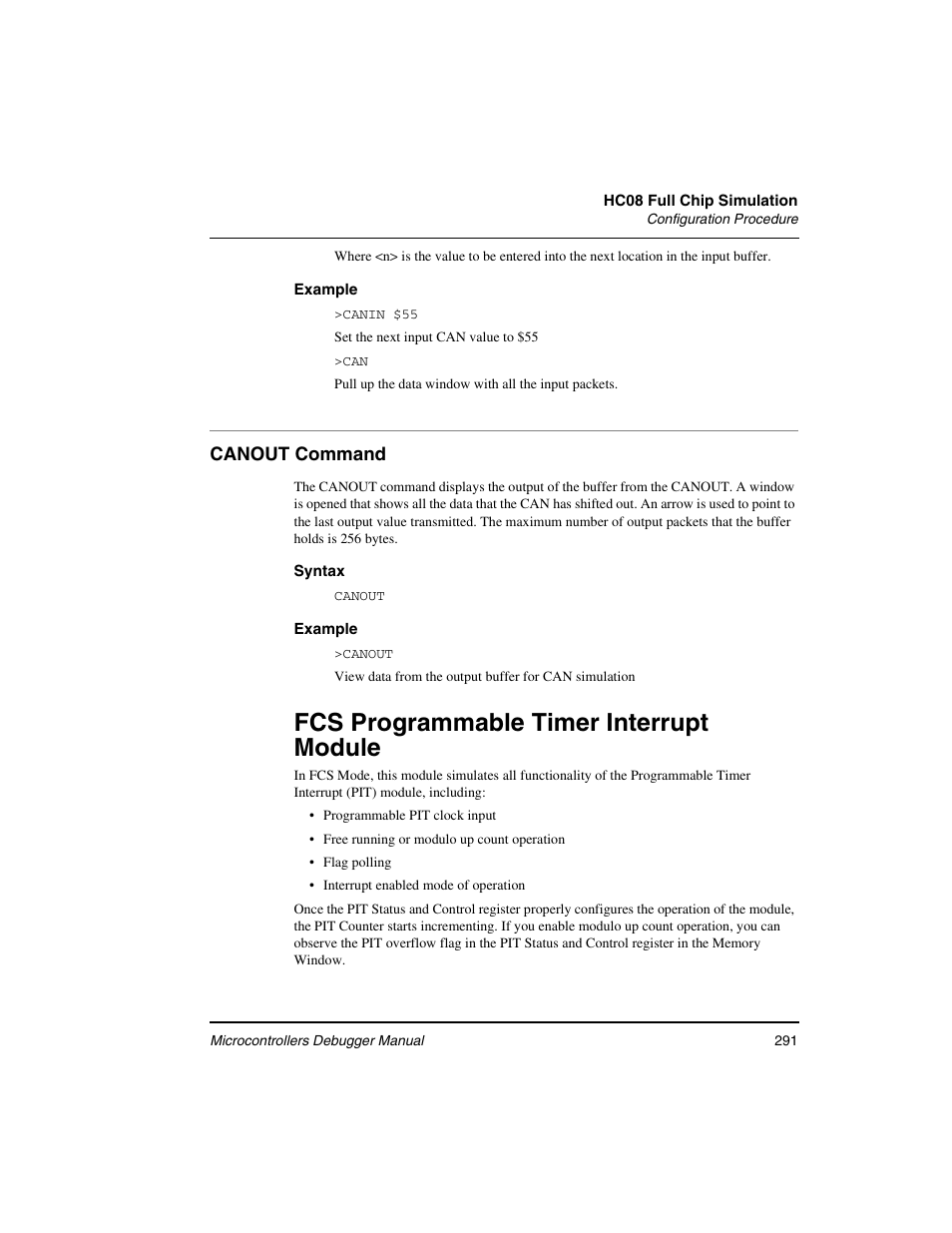 Canout command, Fcs programmable timer interrupt module | Freescale Semiconductor Microcontrollers User Manual | Page 291 / 892