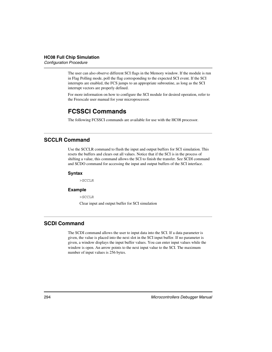 Scclr command, Scdi command, Fcssci commands | Freescale Semiconductor Microcontrollers User Manual | Page 294 / 892