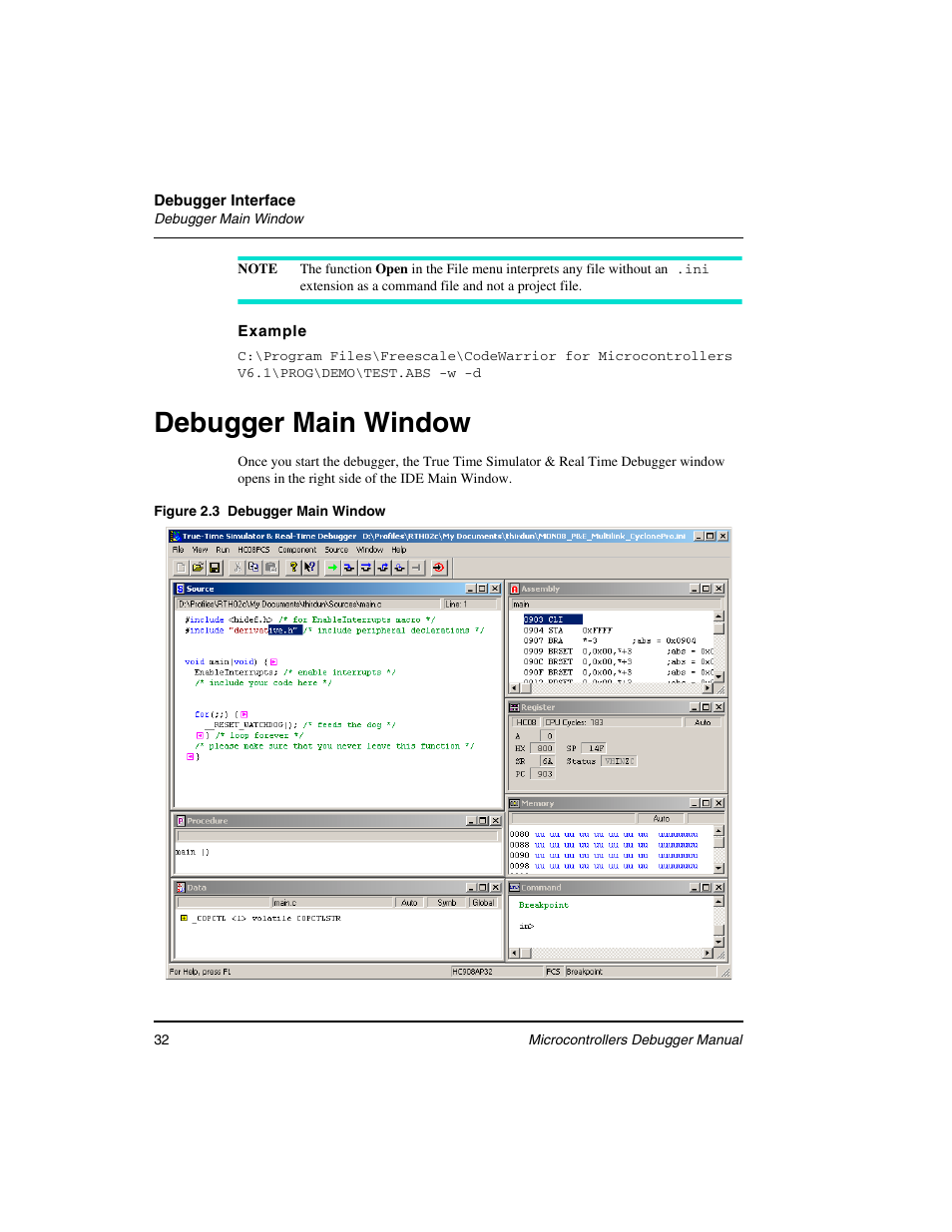 Debugger main window | Freescale Semiconductor Microcontrollers User Manual | Page 32 / 892