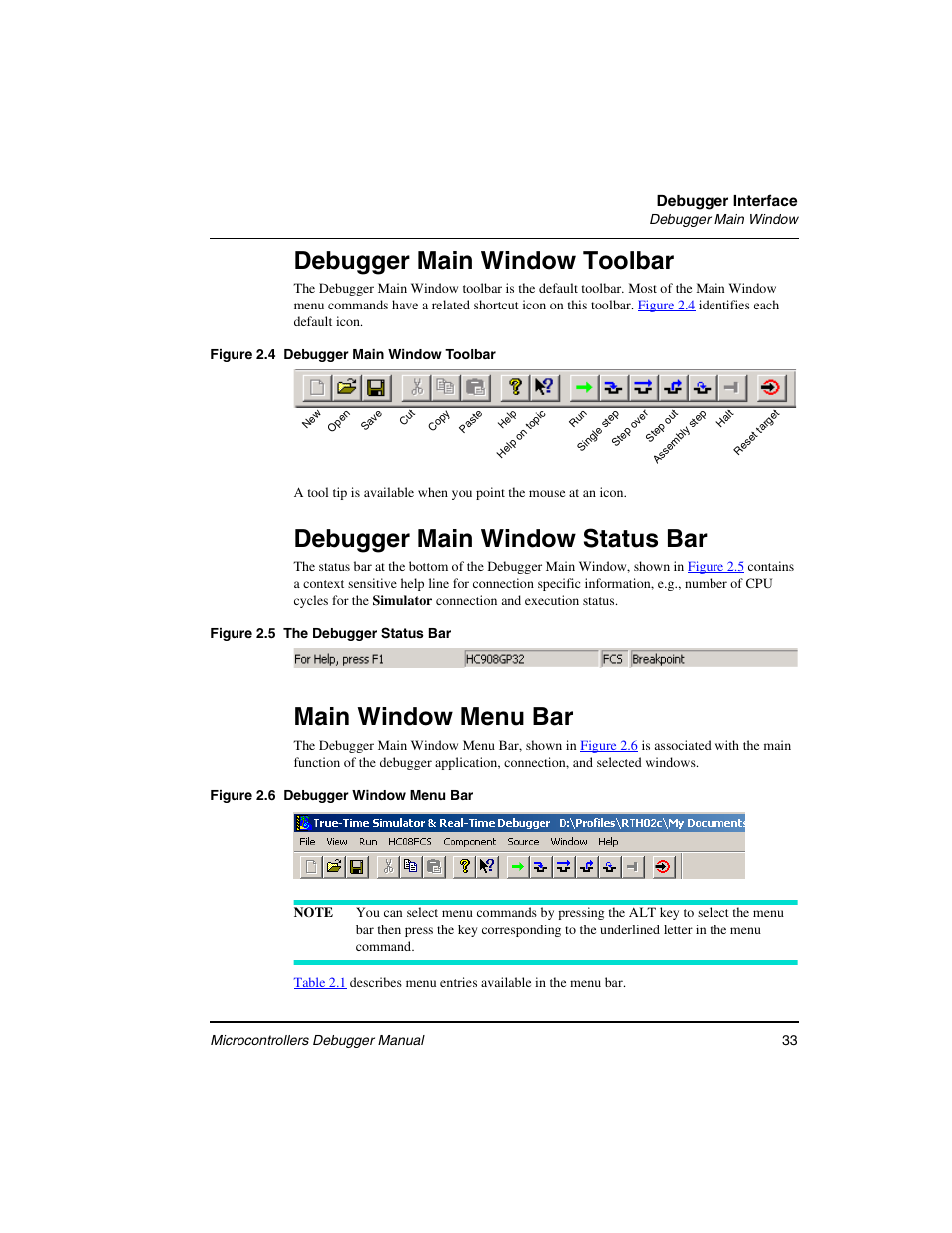 Debugger main window toolbar, Debugger main window status bar, Main window menu bar | Freescale Semiconductor Microcontrollers User Manual | Page 33 / 892