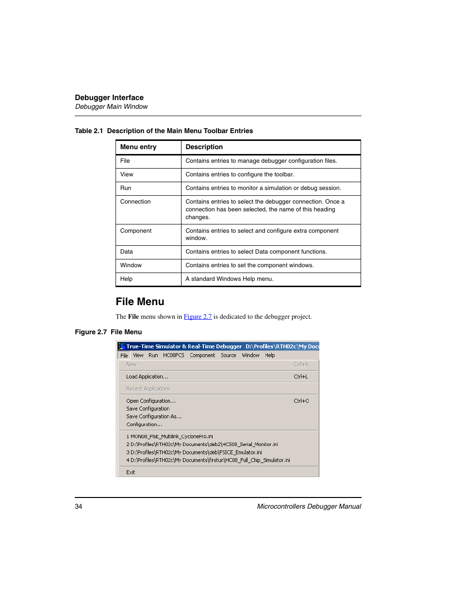 Table 2.1, File menu | Freescale Semiconductor Microcontrollers User Manual | Page 34 / 892