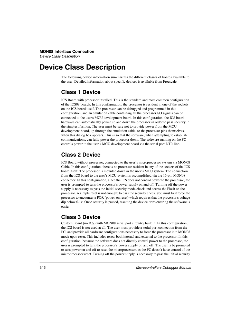 Device class description, Device class, Description | Class 1 device, Class 2 device, Class 3 device | Freescale Semiconductor Microcontrollers User Manual | Page 346 / 892