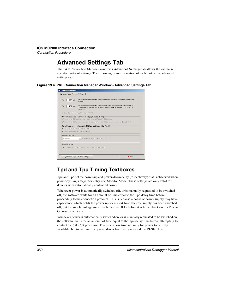 Advanced settings tab, Tpd and tpu timing textboxes | Freescale Semiconductor Microcontrollers User Manual | Page 352 / 892