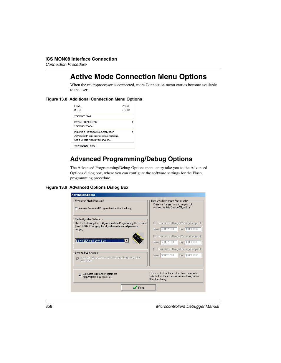 Active mode connection menu options, Advanced programming/debug options | Freescale Semiconductor Microcontrollers User Manual | Page 358 / 892