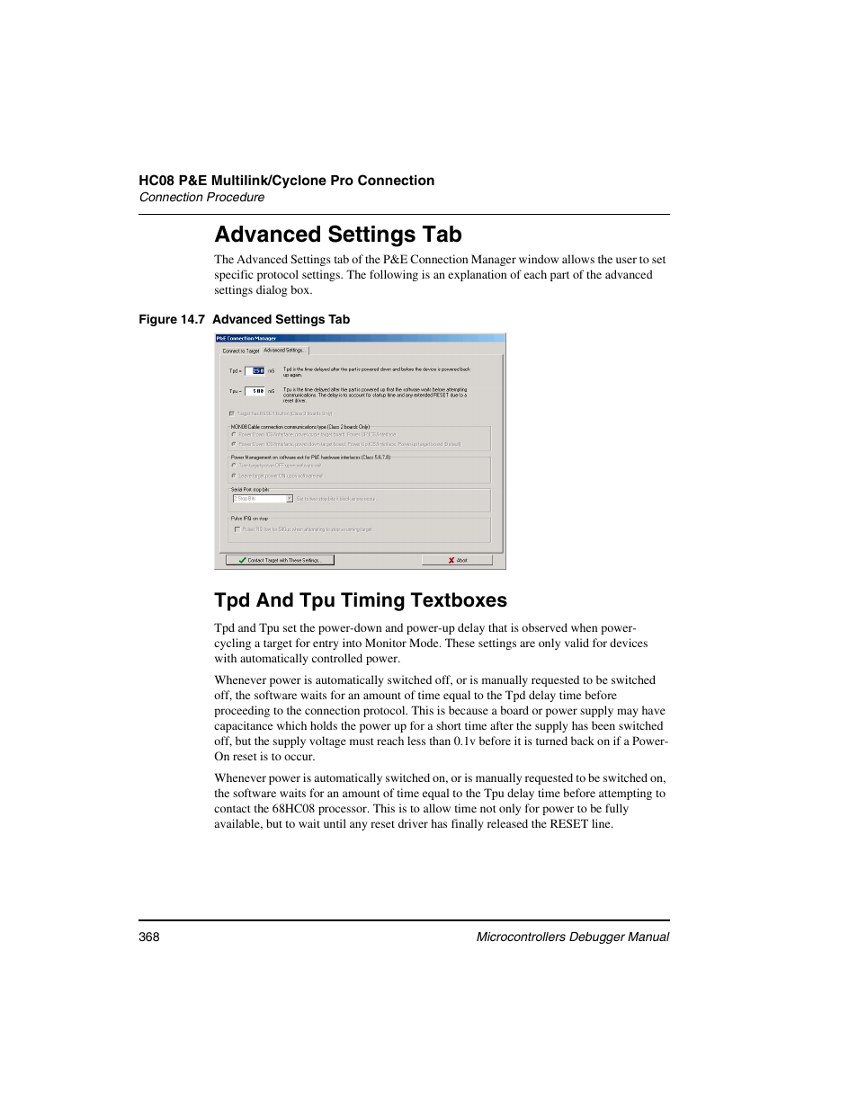 Advanced settings tab, Tpd and tpu timing textboxes | Freescale Semiconductor Microcontrollers User Manual | Page 368 / 892