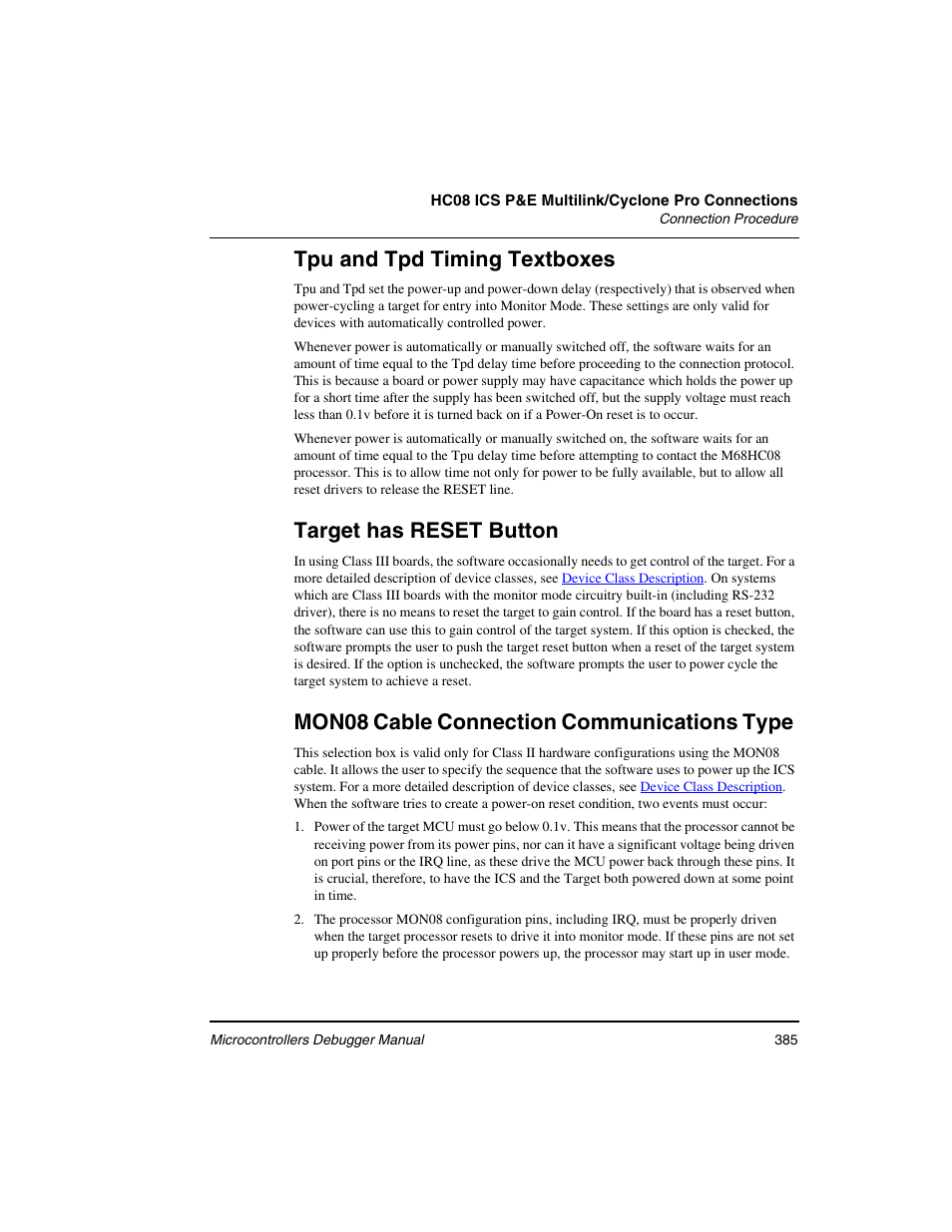 Tpu and tpd timing textboxes, Target has reset button, Mon08 cable connection communications type | Freescale Semiconductor Microcontrollers User Manual | Page 385 / 892