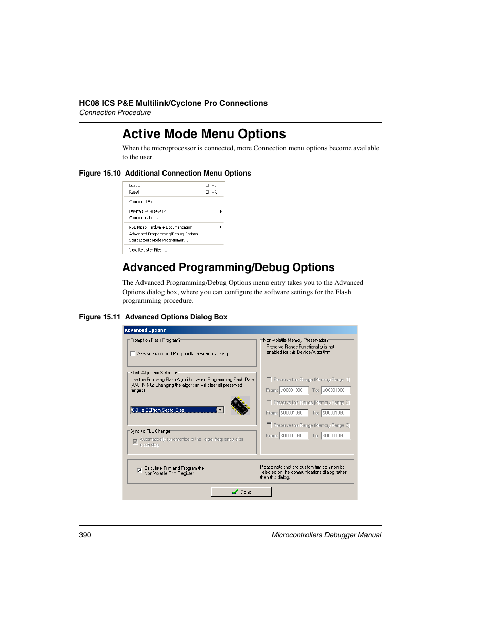 Active mode menu options, Advanced programming/debug options | Freescale Semiconductor Microcontrollers User Manual | Page 390 / 892