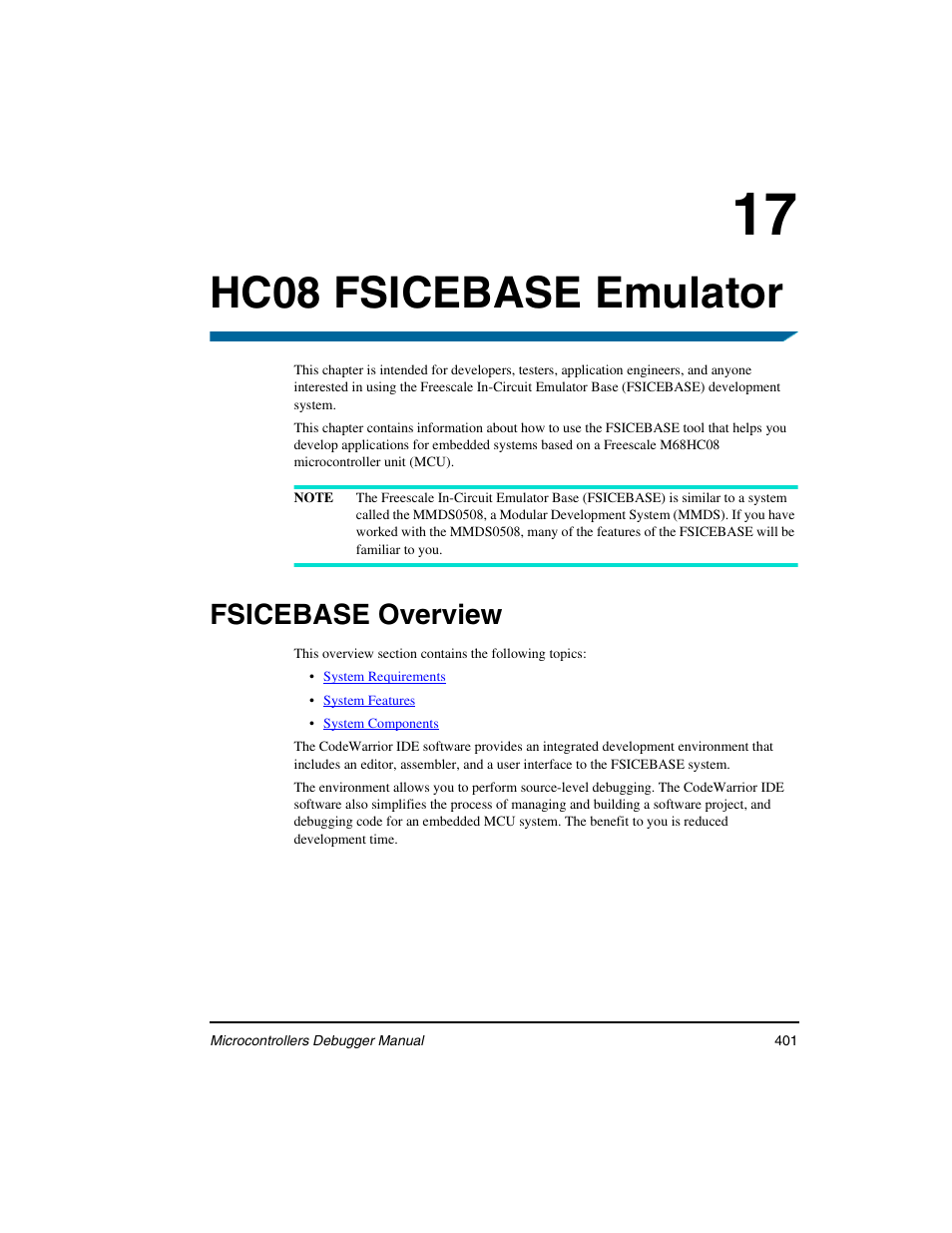 Hc08 fsicebase emulator, Fsicebase overview, 17 hc08 fsicebase emulator | Freescale Semiconductor Microcontrollers User Manual | Page 401 / 892