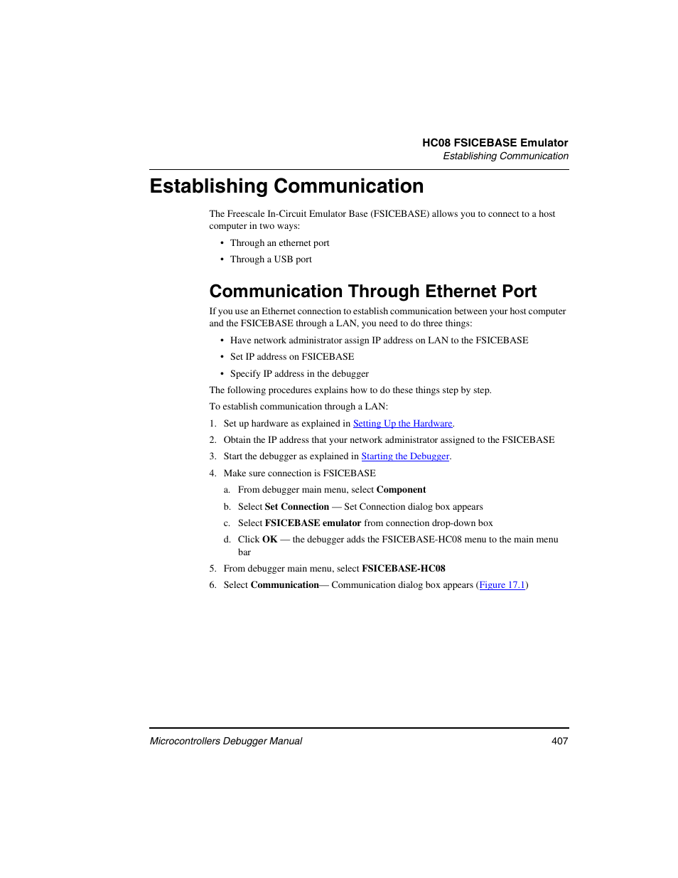 Establishing communication, Communication through ethernet port | Freescale Semiconductor Microcontrollers User Manual | Page 407 / 892