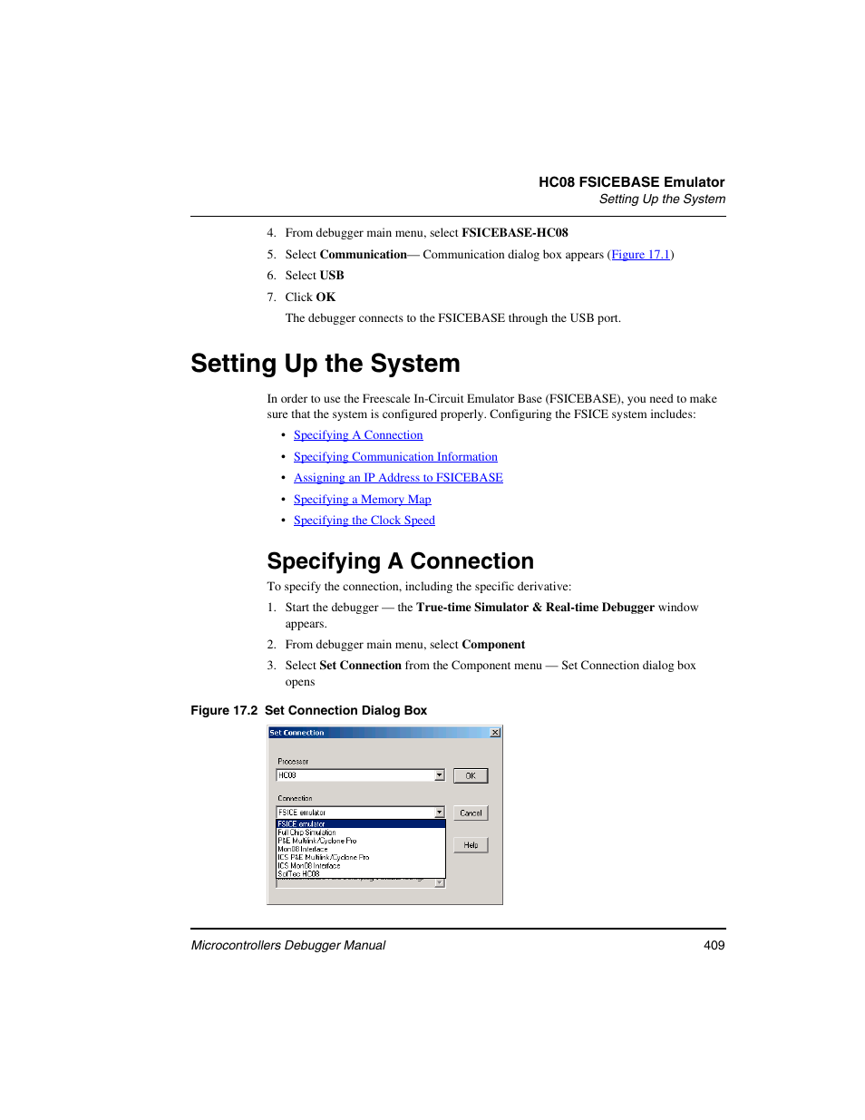 Setting up the system, Specifying a connection | Freescale Semiconductor Microcontrollers User Manual | Page 409 / 892