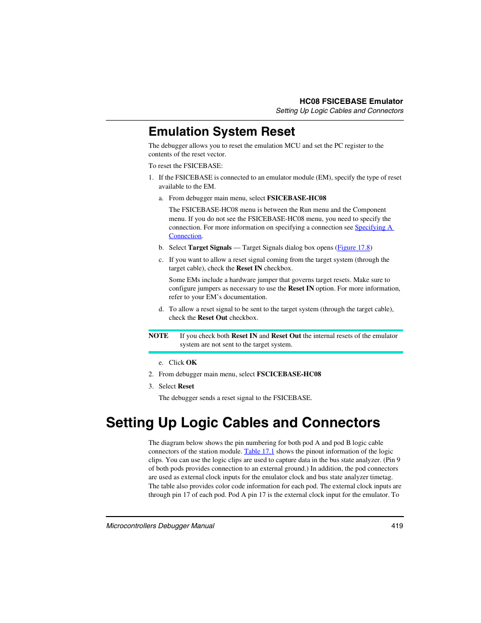 Emulation system reset, Setting up logic cables and connectors | Freescale Semiconductor Microcontrollers User Manual | Page 419 / 892